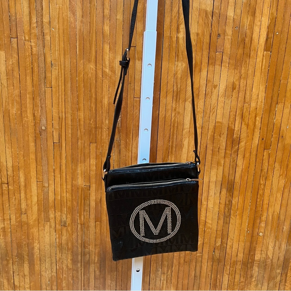 Sleek Black Crossbody Bag with Silver Logo